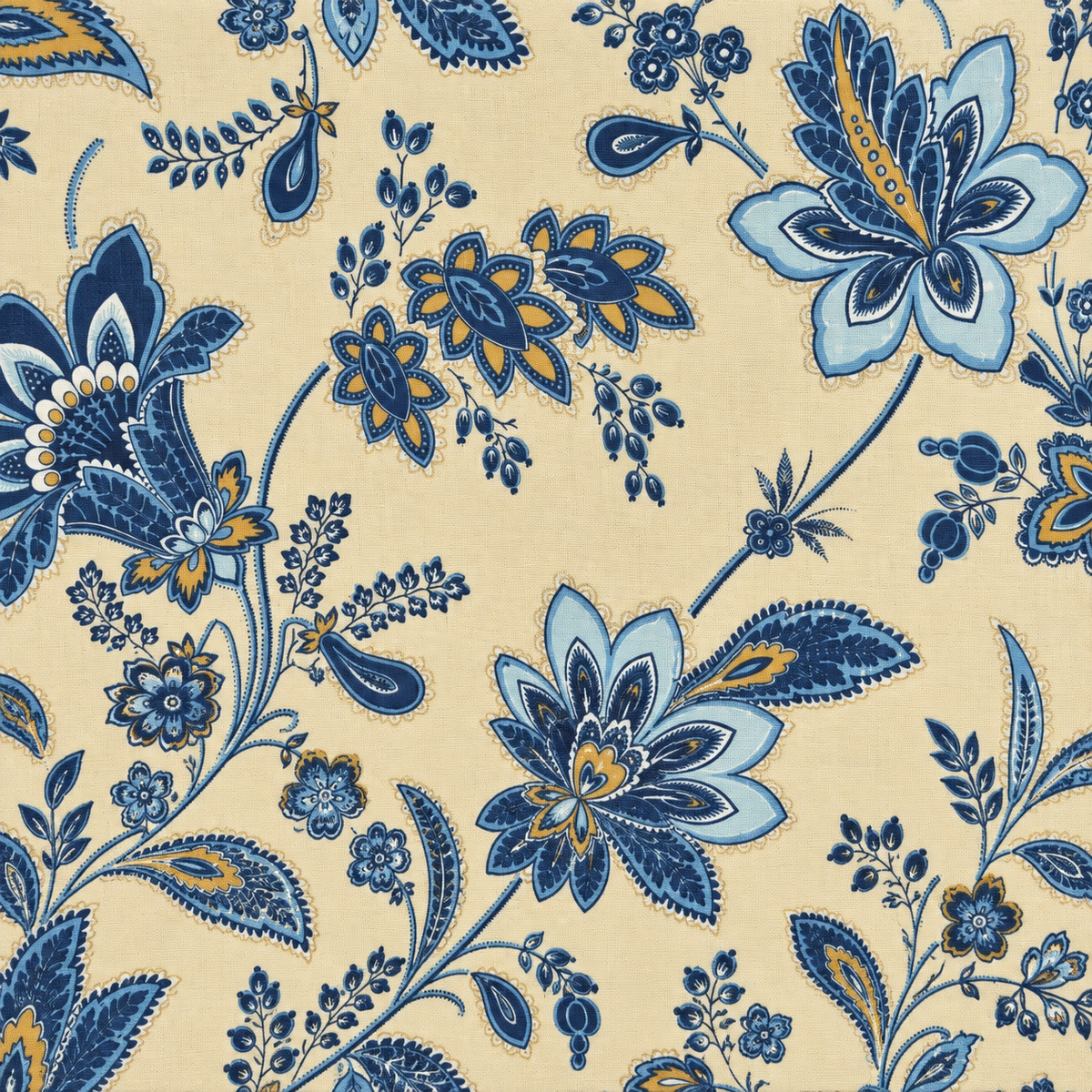 Cream upholstery duck fabric with blue floral paisley and gold accents