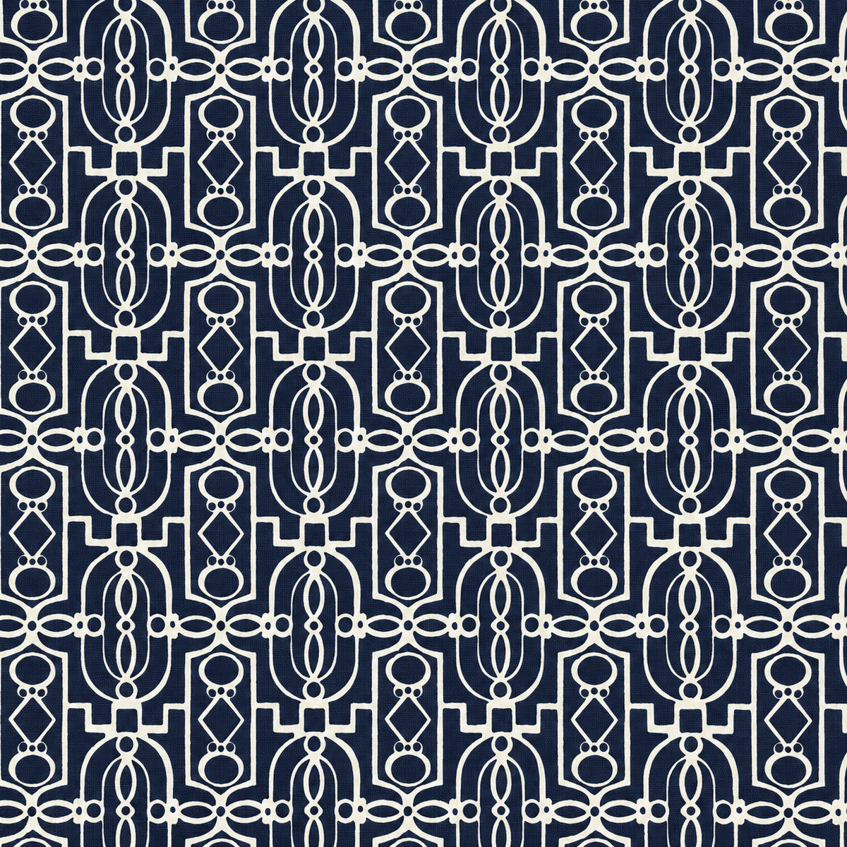 Cream upholstery duck fabric with navy ornate geometric linework pattern