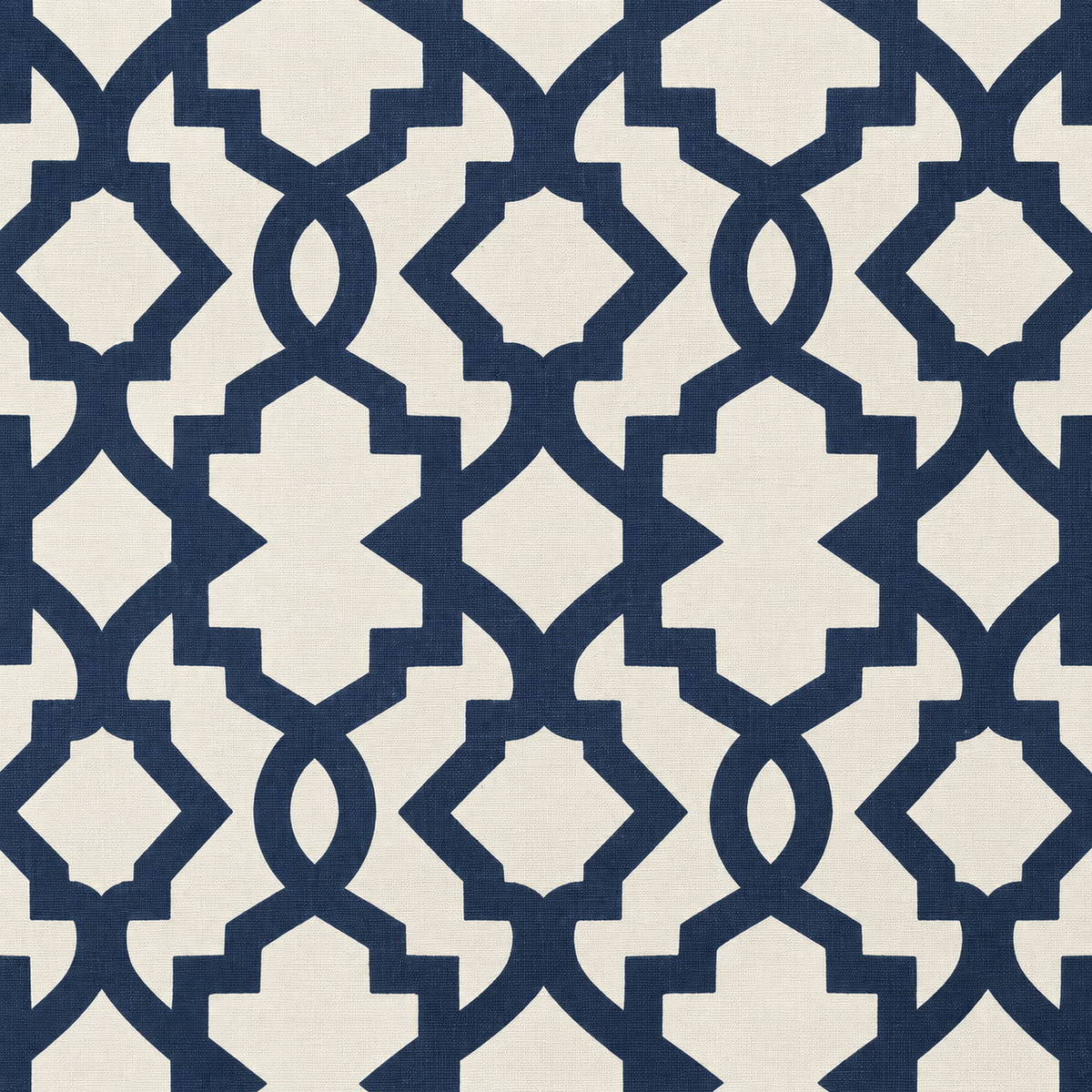 Cream upholstery duck fabric with navy geometric lattice pattern