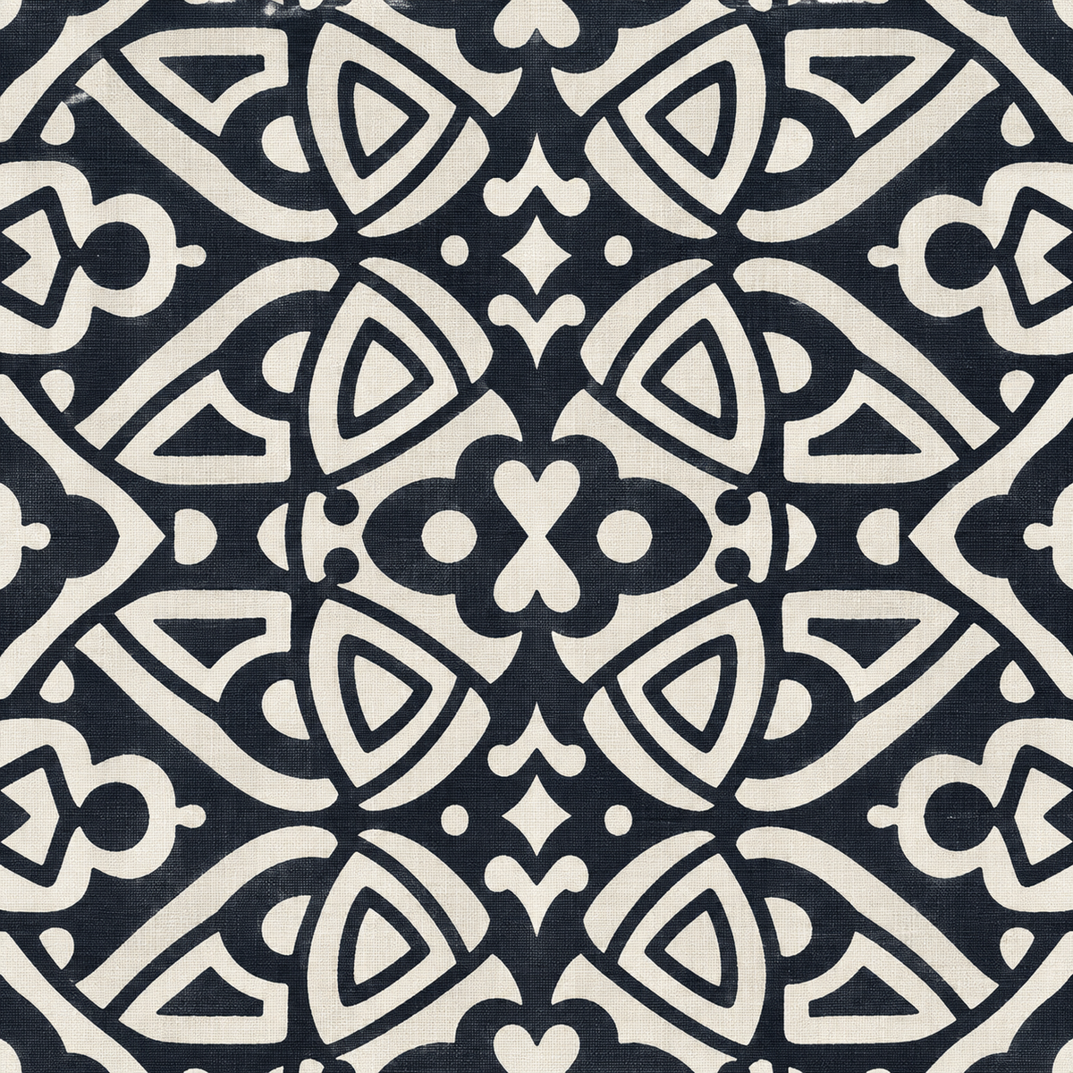 Cream upholstery duck fabric with navy tribal medallion geometric pattern