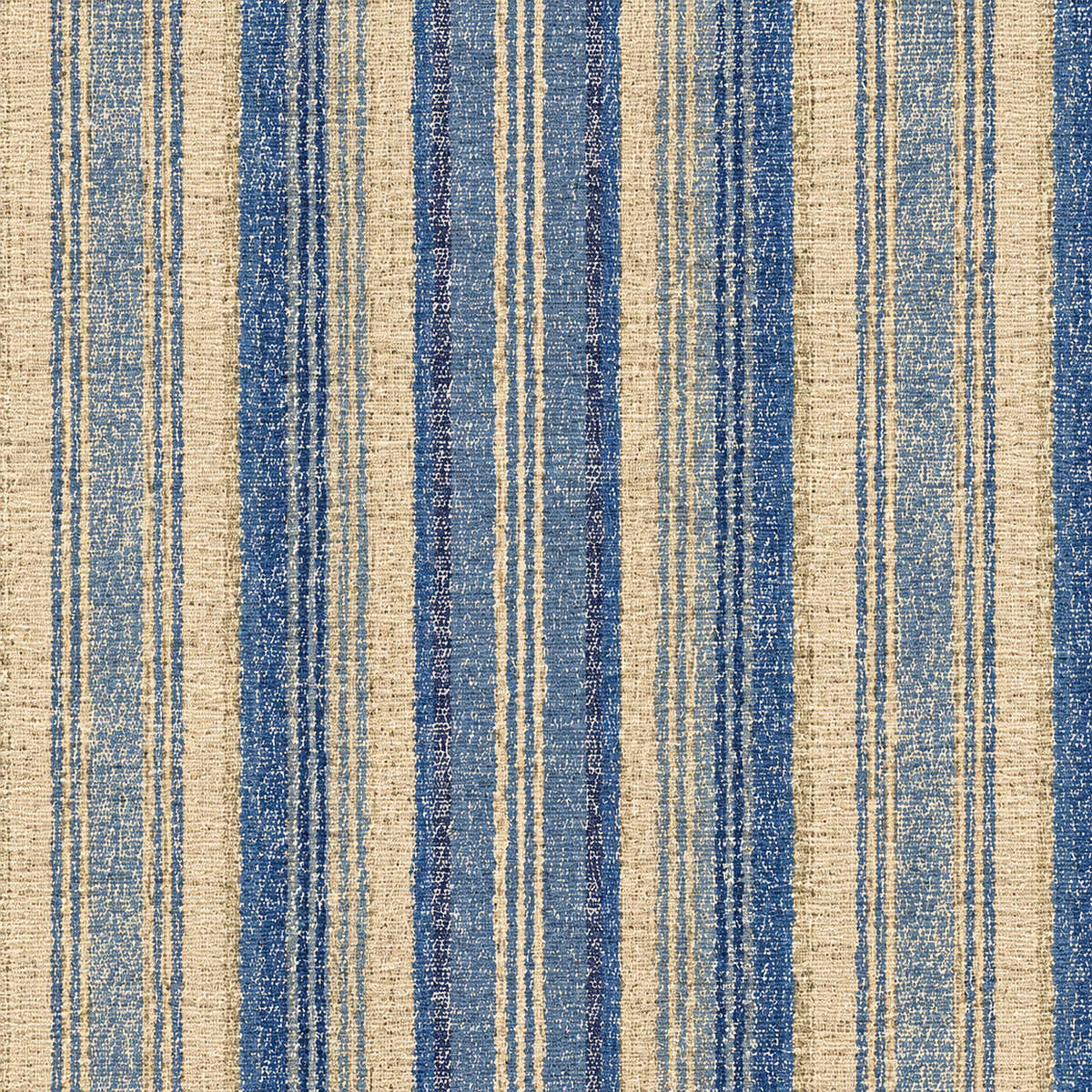 Natural upholstery duck fabric with distressed blue vertical stripe print