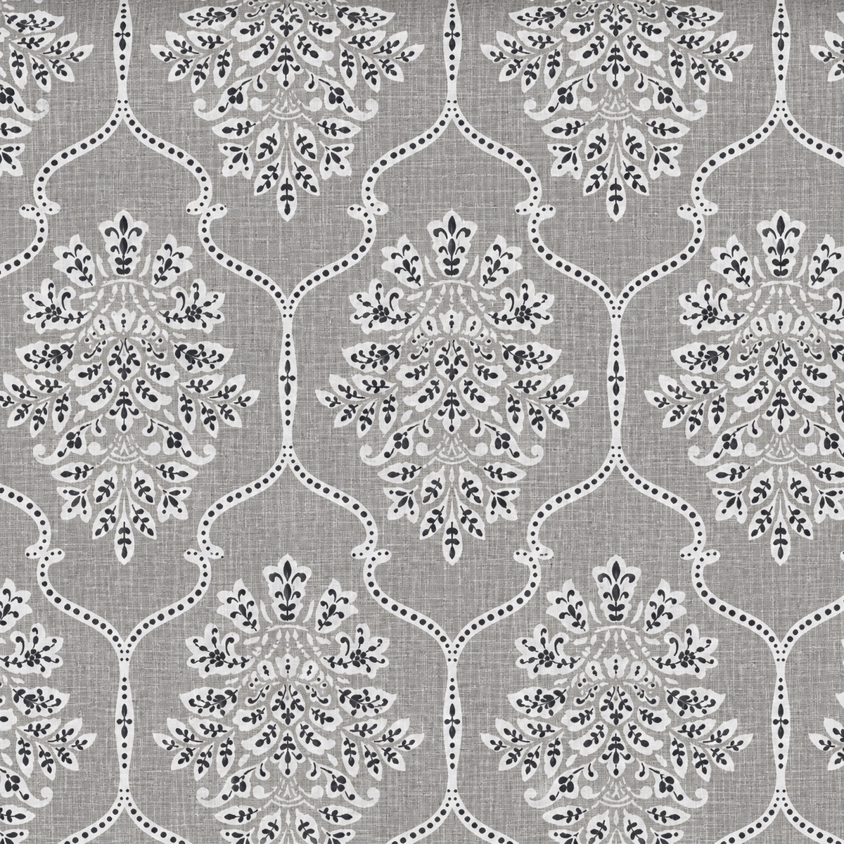 Gray upholstery duck fabric with white and charcoal ornate damask lattice print