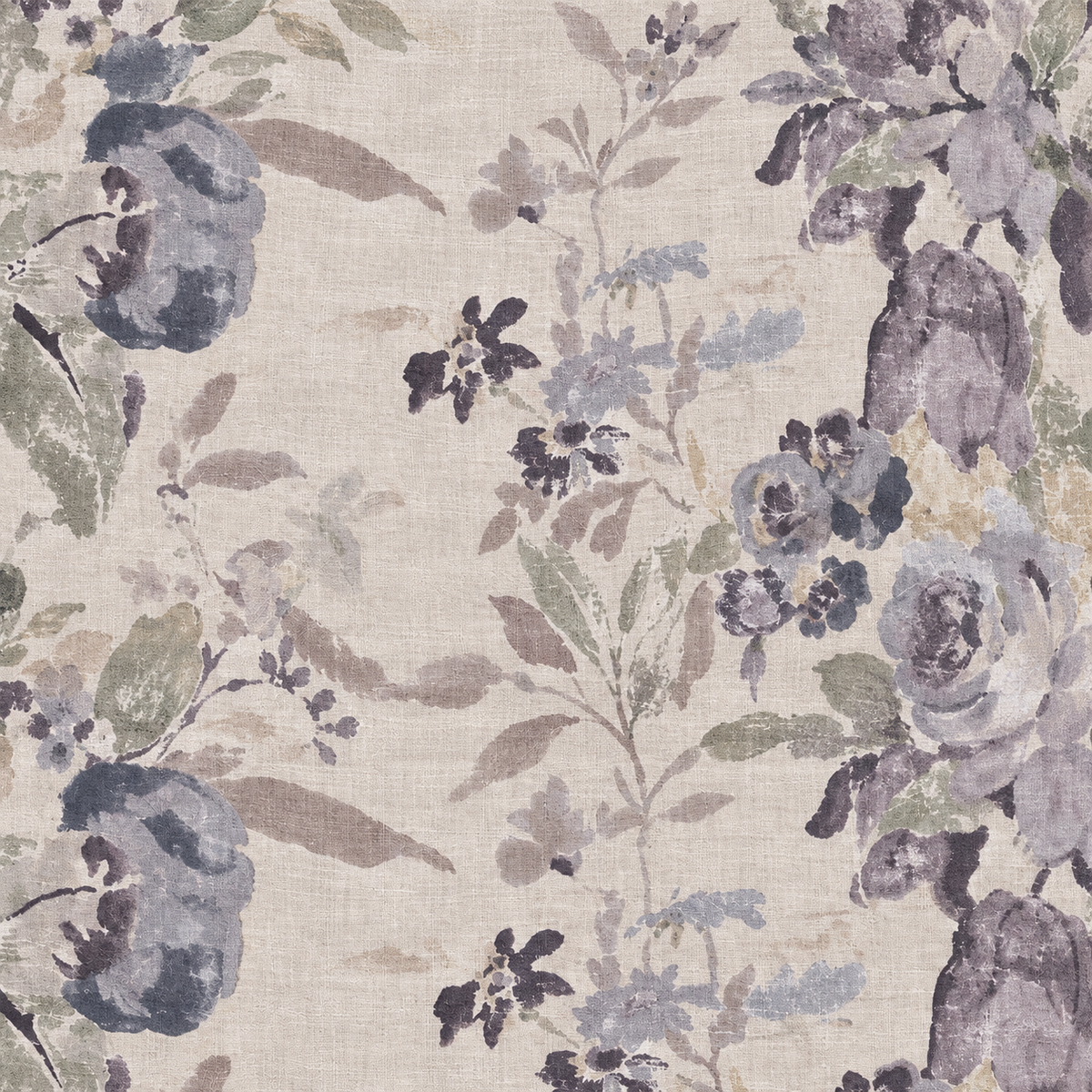Natural upholstery duck fabric with muted blue purple watercolor floral print