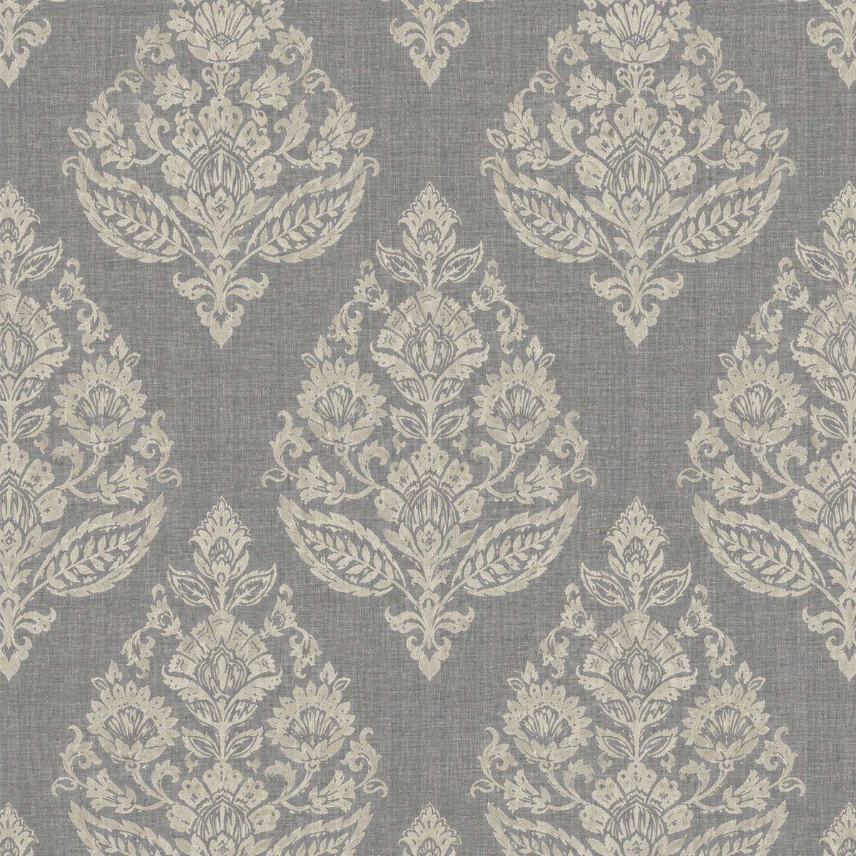 Gray upholstery duck fabric with natural damask floral medallion print